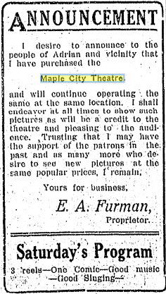 Maple City Theatre - JUL 25 1913 ANNOUCEMENT